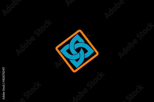 Blue-orange geometric logo with tilted square, symmetrical pinwheel design on black background