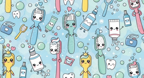 Wallpaper Mural Cute cartoon dental hygiene characters with vibrant floss and toothpaste toys in playful setting Torontodigital.ca