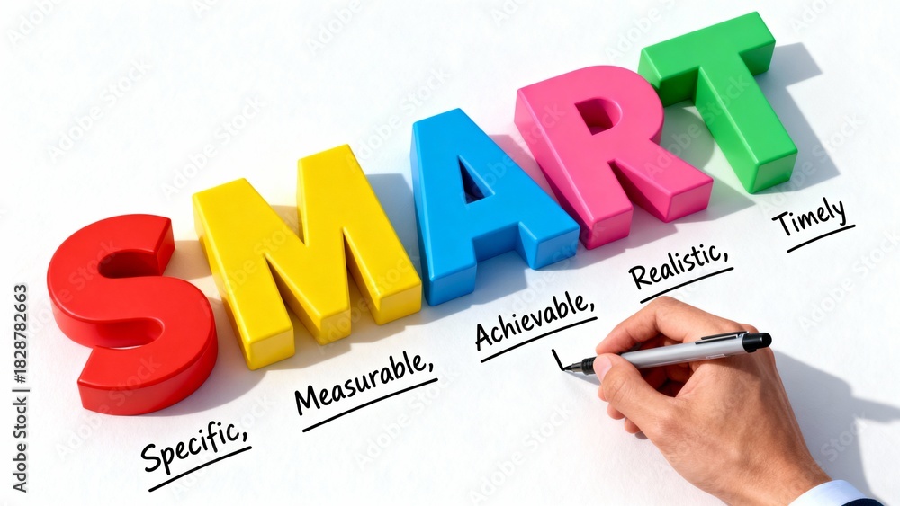 Naklejka premium SMART goals concept with colorful 3D letters and handwritten elements