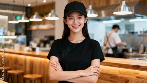 Smiling restaurant staff standing confidently in modern cafe interior
