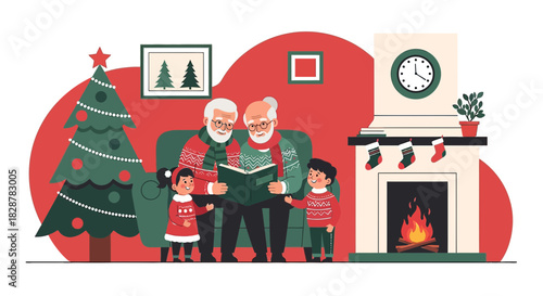 Warm Christmas Tales: Grandparents Share Festive Stories with Grandchildren by the Fireplace