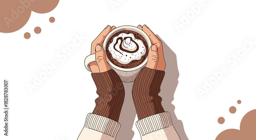 Warm cocoa embrace: Hands holding a comforting cup with delicate swirls design
