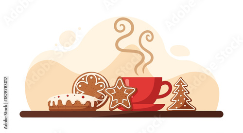 Warm Holiday Indulgence: A Festive Still Life with Hot Beverage and Gingerbread Delights
