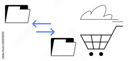 Two folders connected via bidirectional arrows to a shopping cart with a cloud icon, representing data exchange, cloud storage, and e-commerce. Ideal for technology, data management, cloud computing