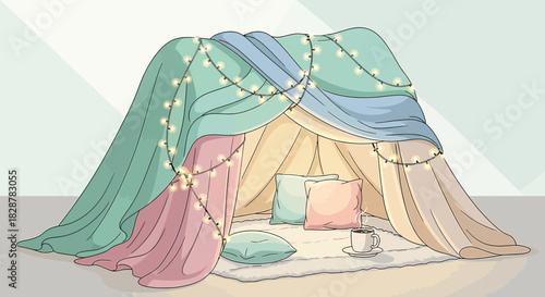 Whimsical fabric fort adorned with string lights, inviting a cozy atmosphere for relaxation