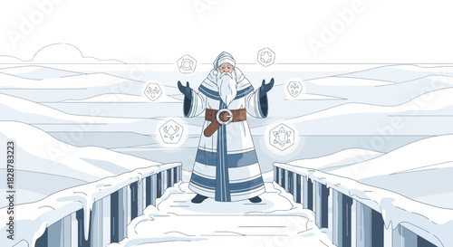 Winter guardian conjuring ancient symbols on a snow covered bridge amidst a stark landscape