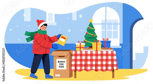 Winter holiday donation, cheerful boy donating books, spreading happiness during the festive