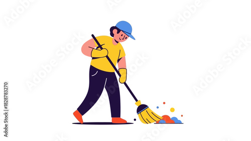 Person Sweeping Floor with Broom, Cleaning Dust and Debris with Colorful Particles