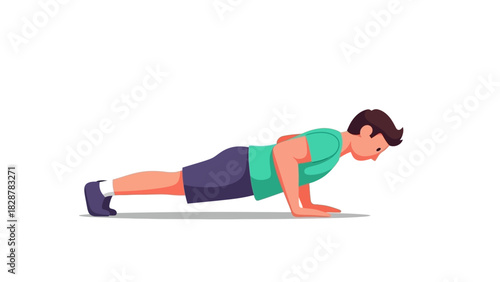 Young athletic man doing push-up exercise for fitness and strength training. Male cartoon character in a plank position for bodyweight workout