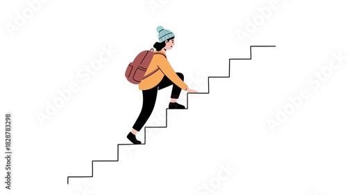 Determined person climbs an upward staircase, symbolizing the journey of progress, personal growth, overcoming challenges, and achieving success