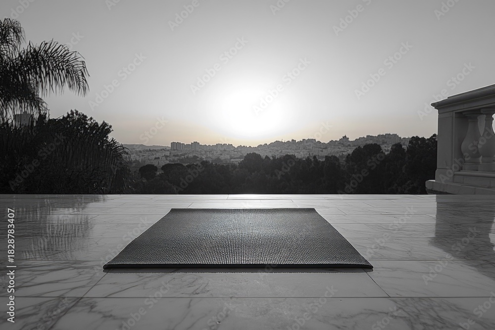 Fototapeta premium Yoga mat on a luxurious marble terrace overlooking a panoramic city and forest landscape at dawn/dusk, inviting peaceful practice.