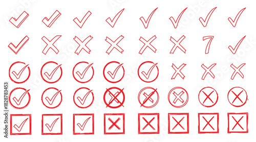 Hand drawn check marks and crosses in various styles and shapes