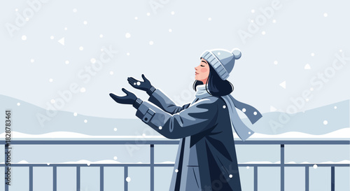 Winter's embrace a woman captivates by delicate snowfall in a serene mountain vista landscape