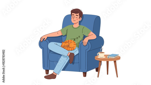 Relaxed man resting in a comfortable armchair with a sleeping cat on his lap