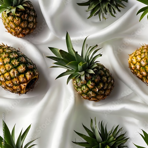 whole pineapple isolated on white satin background, fresh tropical fruit luxury product photography, pineapple with green crown studio lighting, premium fruit commercial image, high resolution pineapp