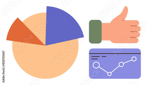 Pie chart with colored segments, growth line graph showing data trends, and thumbs-up indicating approval. Ideal for business analysis, statistics, performance tracking, marketing, financial growth