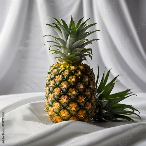 whole pineapple isolated on white satin background, fresh tropical fruit luxury product photography, pineapple with green crown studio lighting, premium fruit commercial image, high resolution pineapp