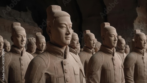 Ancient Terracotta Army Warriors Standing in Formation at Emperor Qin Shi Huangs Mausoleum in Xian, China.