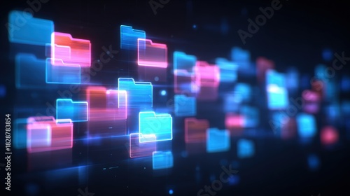 Abstract network grid with files and folders, futuristic software interface, digital document management system, store, search and organize documents, corporate business, paperless office	
