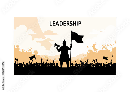 Silhouette vector of a leader holding a flag and megaphone above a cheering crowd. Bold, clean, and motivational design representing leadership, influence, and teamwork in a modern flat style.