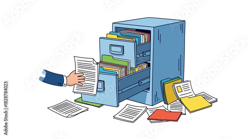 Filing Cabinet Overflowing with Files and Documents Illustration