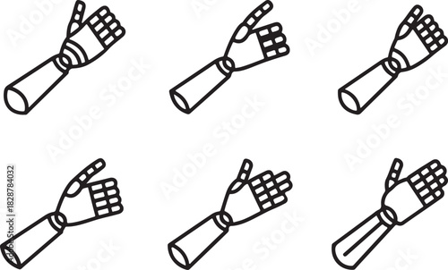Prosthetic Arm Icons, Robotics Bionic Hand Line Art Symbol Set