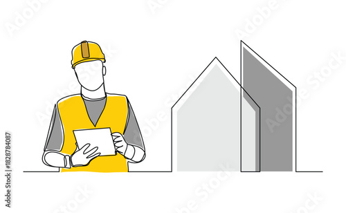 Continuous line sketch drawing of construction worker with blueprint paper and house home real estate. One line art of architect holding design paper of building vector illustration editable stroke