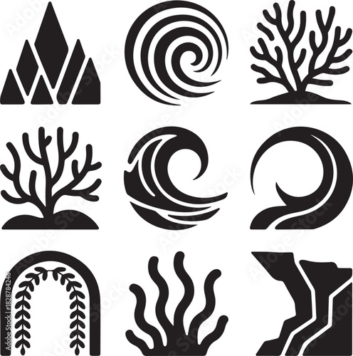 Black and white vector icons set related to sea life and nature