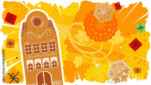 Christmas background with gingerbread house and gifts, copy space - banner, background, poster - vector illustration
