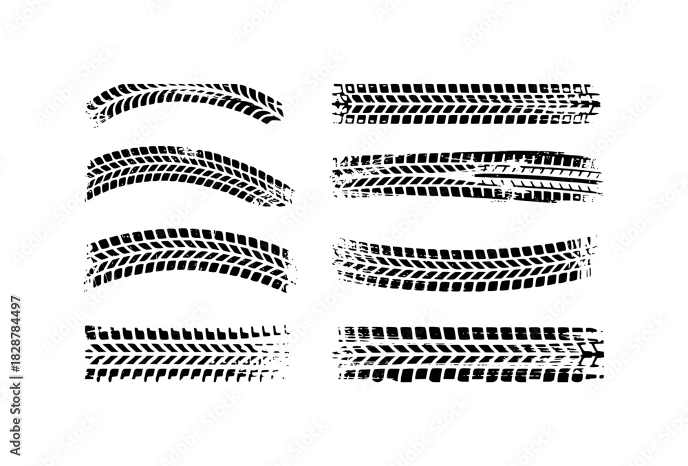 Obraz premium Collection of Black Tire Tracks and Tread Marks on White Background