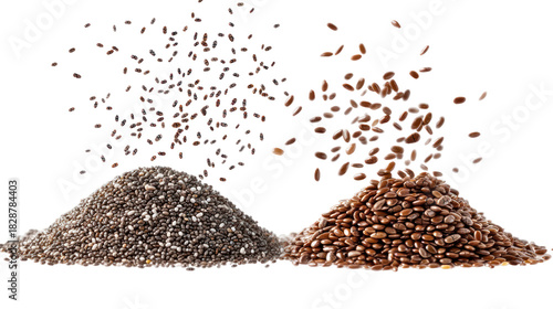 Two piles of chia seeds and flax seeds falling in the air side view on transparent background