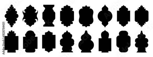 Collection of Black Silhouettes of Decorative Islamic Geometric Shapes and Lanterns