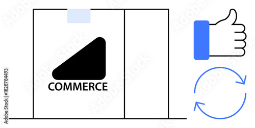 E-commerce concept. E-commerce through a shipping box, return arrows, and a thumbs-up symbol. E-commerce growth, logistics, customer satisfaction, and online shopping trends. For retail business