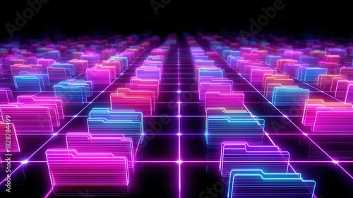 Abstract network grid with files and folders, futuristic software interface, digital document management system, store, search and organize documents, corporate business, paperless office	
