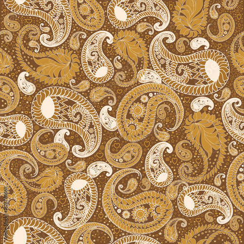 Seamless brown Paisley pattern featuring intricate teardrop shapes and elegant curved details. The warm, vintage-inspired brown tones create a timeless and sophisticated aesthetic. Perfect for textile