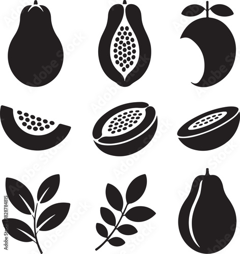 Black and white vector illustration of papaya and other fruits