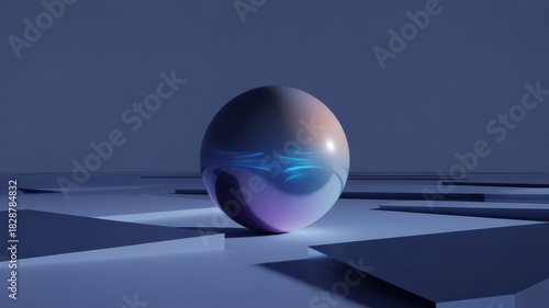 Abstract sphere with glowing lines on a futuristic geometric base