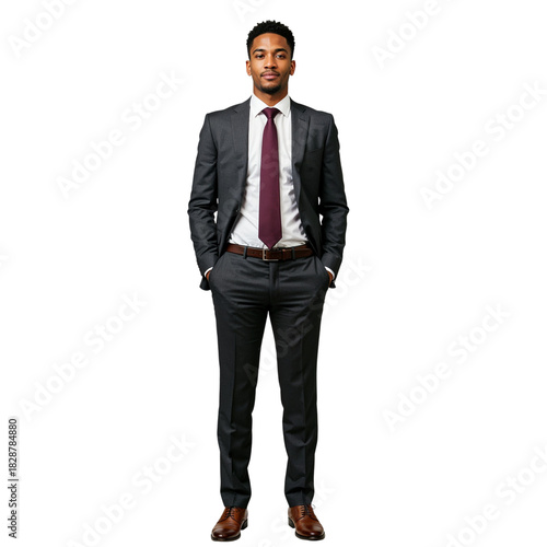 Professional man in suit standing confidently with hands in pockets on solid background isolated on transparent background