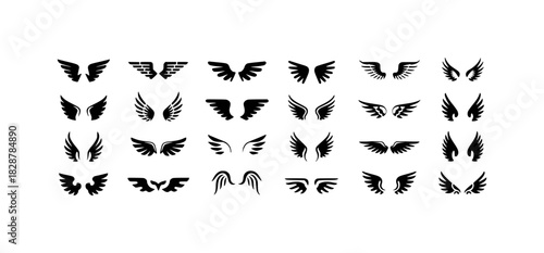 Collection of Diverse Black Wing Icons and Symbols on White Background