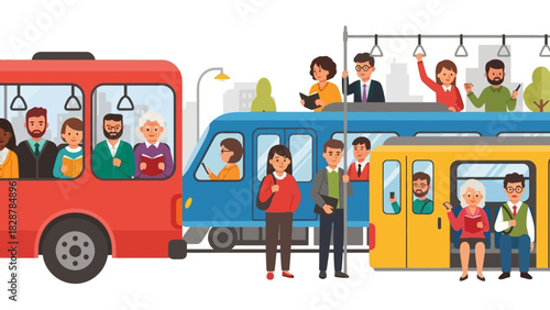 Diverse Commuters A Colorful Illustration of People Utilizing Public Transportation Options
