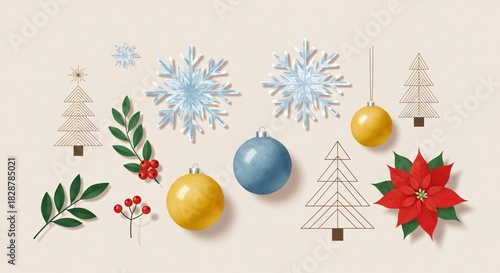 A festive arrangement of Christmas ornaments and decorations, including snowflakes, baubles, and poinsettias, on a neutral background