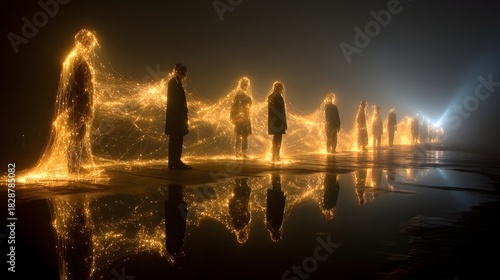 Silhouettes of individuals connect across a dark reflective surface with luminous golden energy threads