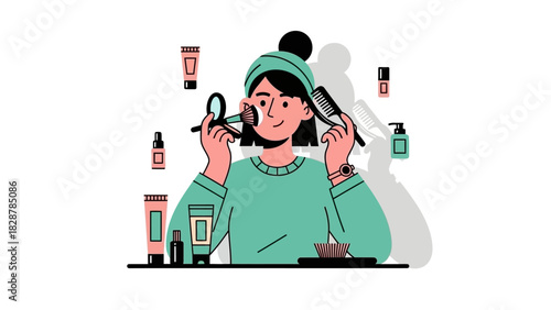 Young Woman Applying Makeup with Various Cosmetic Products and Accessories for Beauty Routine