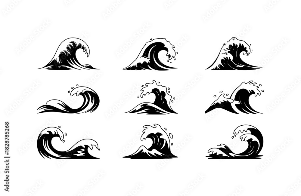 Fototapeta premium Collection of Nine Black and White Stylized Wave Illustrations