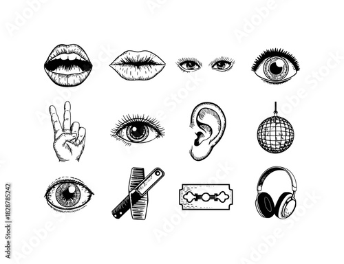 Collection of Hand-Drawn Icons: Eyes, Lips, Ear, Hand, Razor, Disco Ball, Headphones