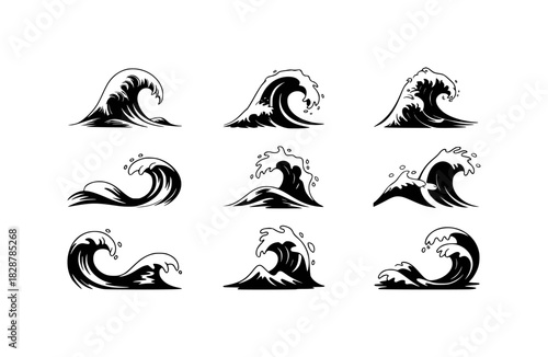 Collection of Nine Black and White Stylized Wave Illustrations