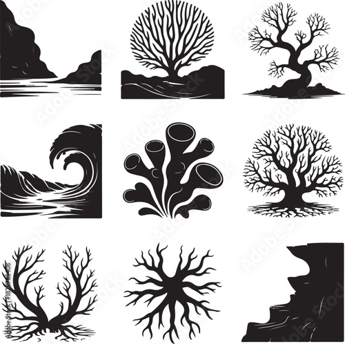 Black and white vector illustration showcasing nature elements compilation design