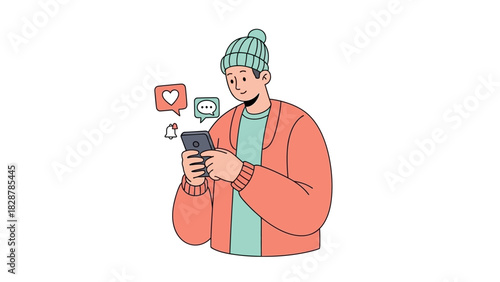 Young man in winter hat scrolling through social media on his smartphone, liking posts and receiving notifications