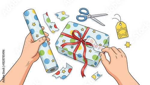 Hands Carefully Wrapping a Festive Polka Dot Gift Box with Ribbon and Tape for a Special Celebration or Holiday Event