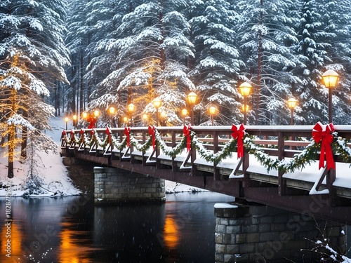 Snow covered bridge with holiday decorations over calm water at dusk